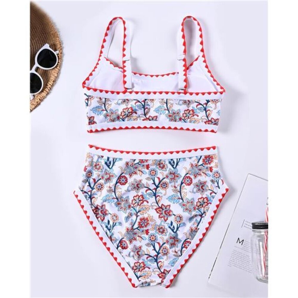 High Waisted Bikini Sets for Women Tummy Control Swimsuit Floral Full Coverage - Picture 7 of 8